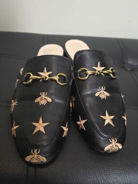 She & In Black Embroidered Bee & Star Mules with Gold Bit